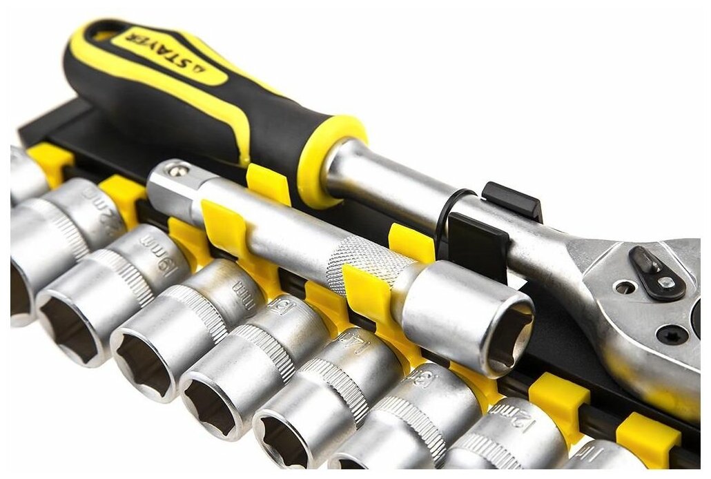 Набор:Торцовые головки (1/2") на пластиковом рельсе, трещотка, удлинитель, 10-24м STAYER "STANDARD"