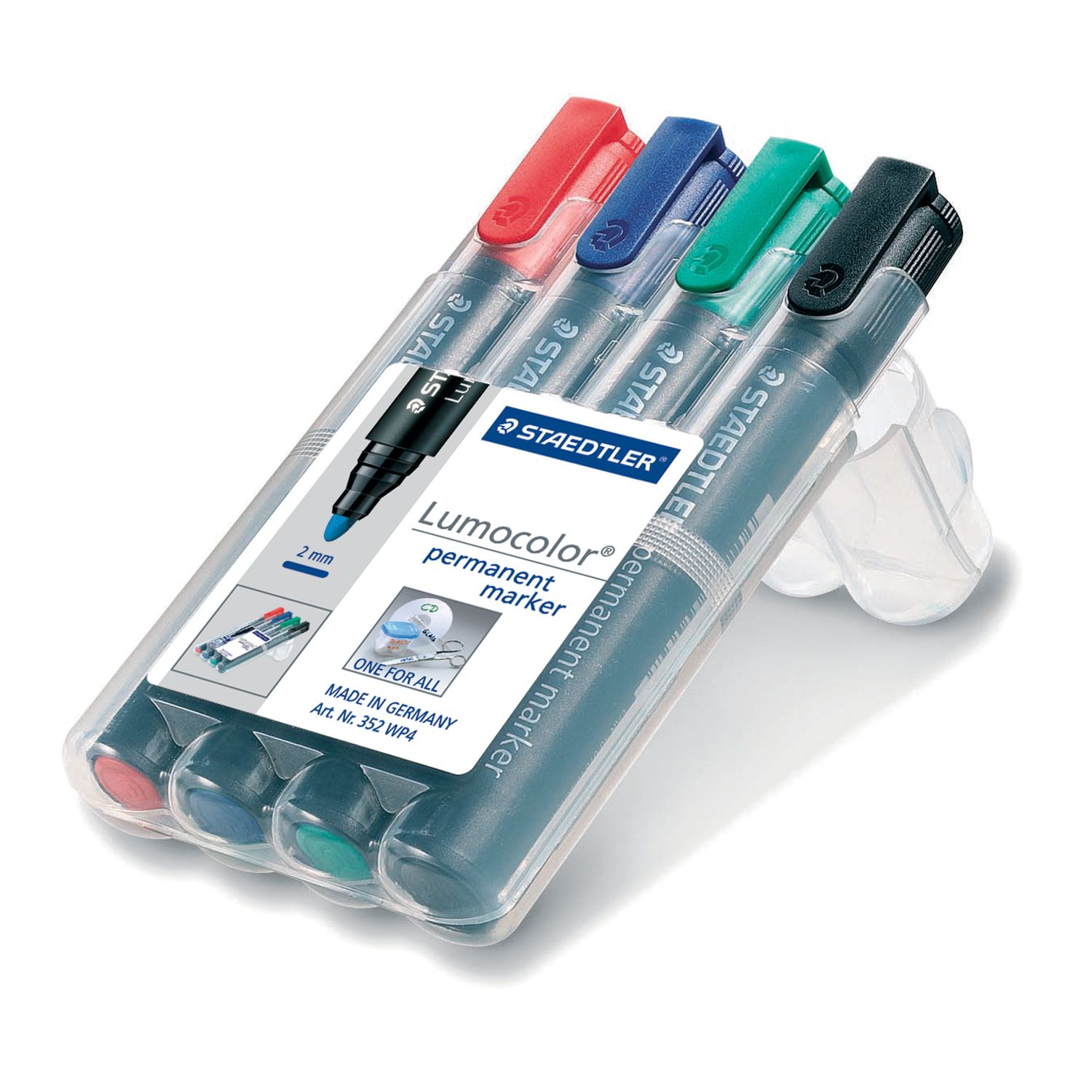 Маркеры перманентные (нестираемые) STAEDTLER в НАБОРЕ из 4 шт., АССОРТИ, "Lumocolor", круглые, 2 мм, 352 WP4