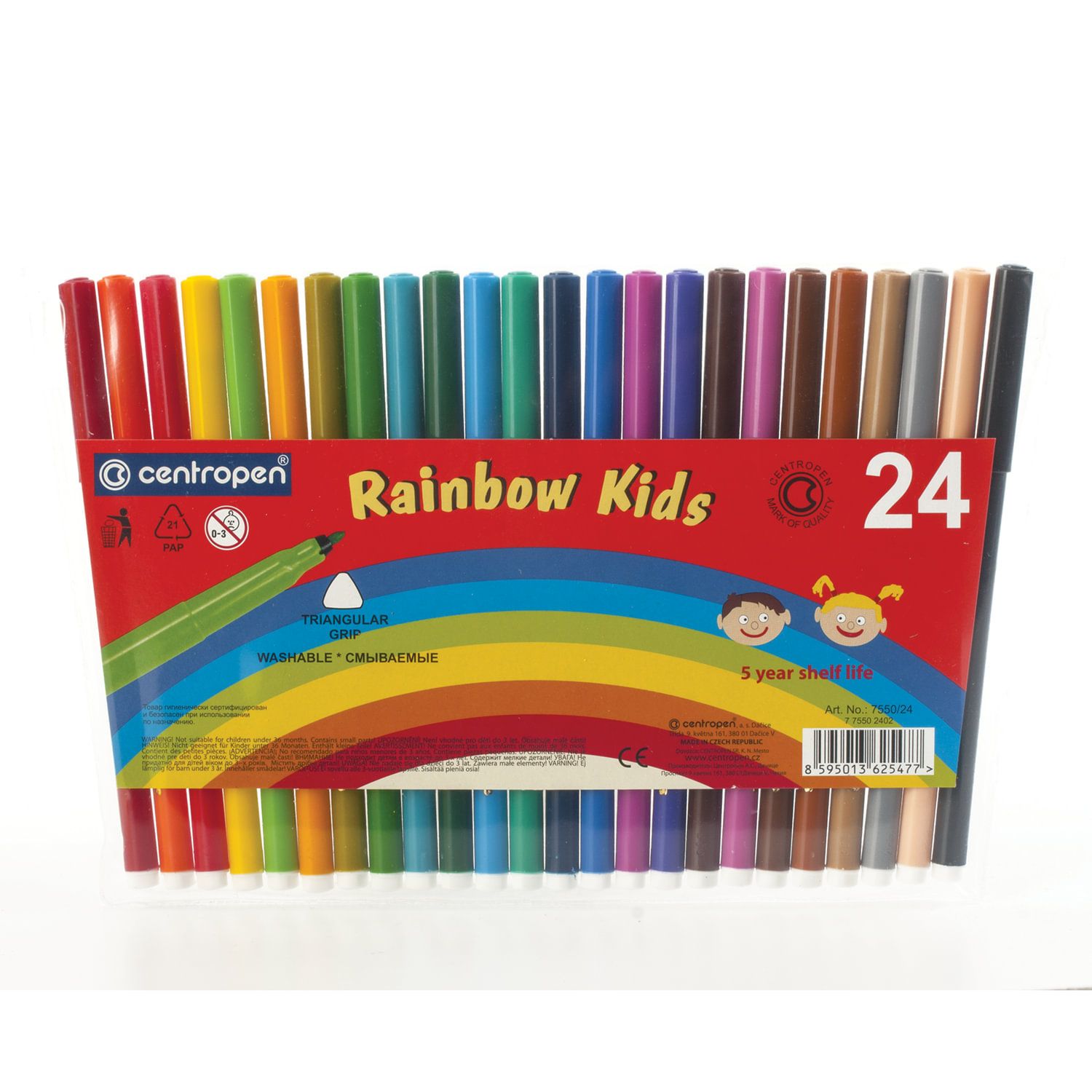 Фломастеры 24 ЦВЕТА CENTROPEN "Rainbow Kids", круглые, смываемые, вентилируемый колпачок, 7550/24ET, 7 7550 2402
