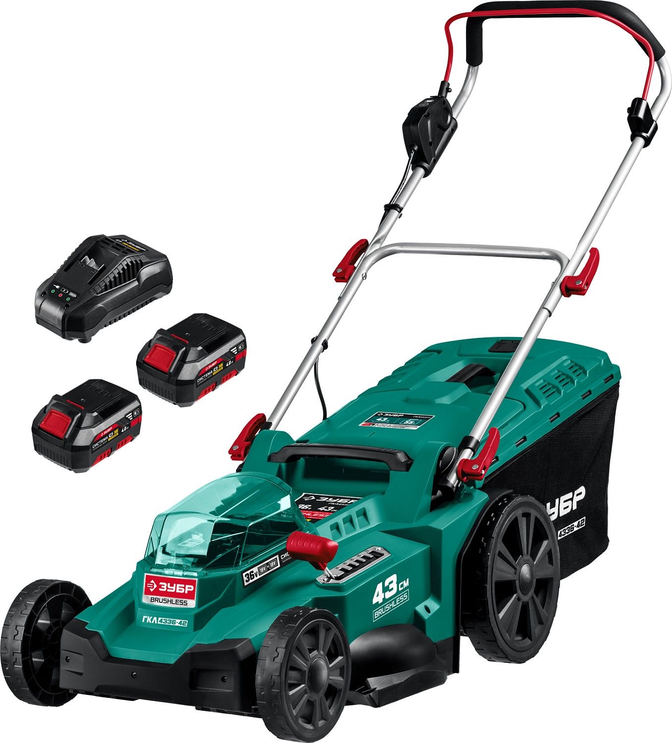 Газонокосилка аккумуляторная бесщеточная ЗУБР ГКЛ-4336-42 36 В, 2х18В АКБ (4Ач)