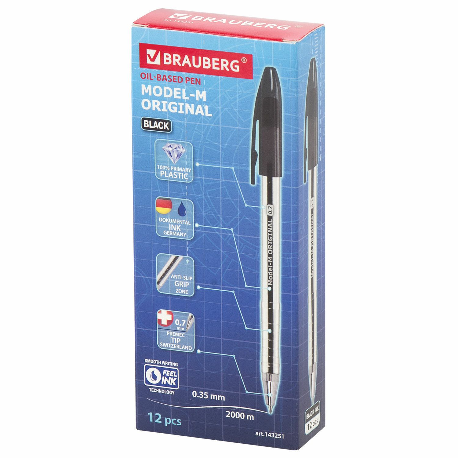 Ручка шариковая масляная BRAUBERG "Model-M" ORIGINAL, ЧЕРНАЯ, узел 0,7 мм, линия письма 0,35 мм, 143251