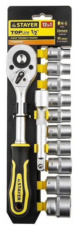 Набор:Торцовые головки (1/2") на пластиковом рельсе, трещотка, удлинитель, 10-24м STAYER "STANDARD"
