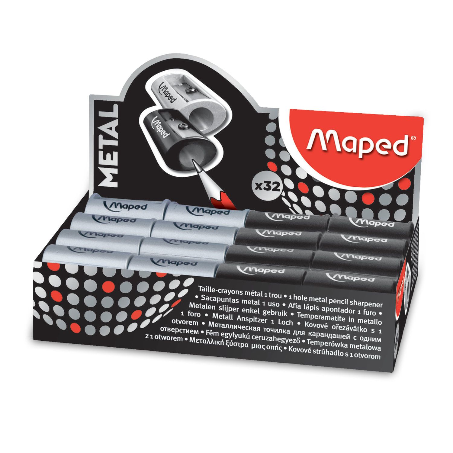 Точилка MAPED (Франция) "Satellite Metal", без контейнера, металлическая, ассорти, дисплей, 534019