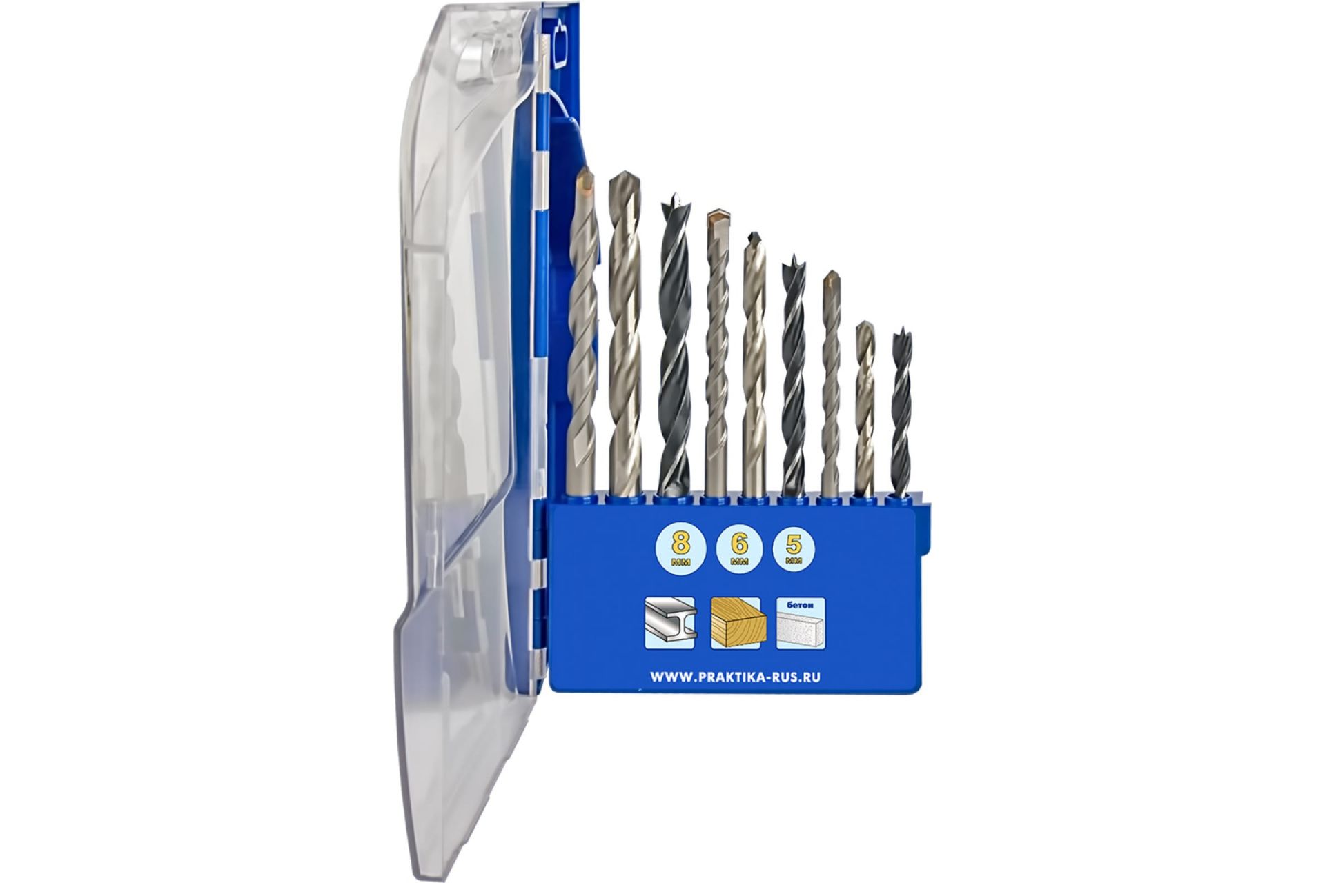 Набор сверл комбинированный 9 шт, металлу/бетону/дереву 5,6,8 мм ПРО кассета ПРАКТИКА "Профи"
