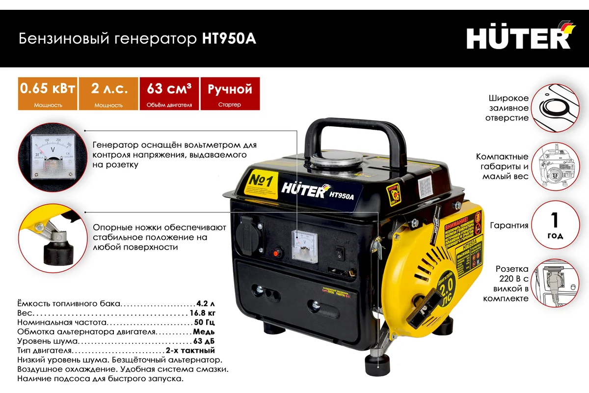 Генератор бензиновый HUTER HT950A