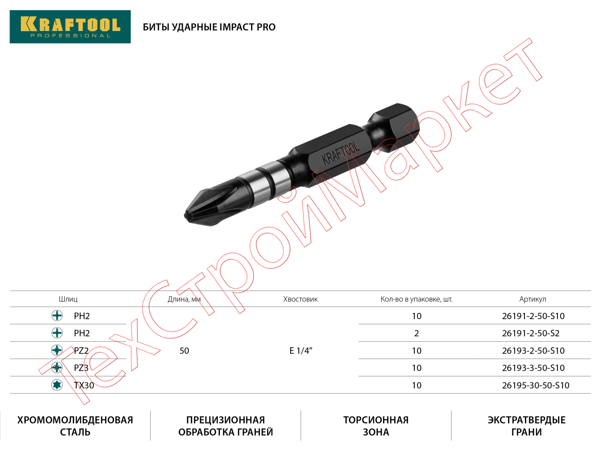 Биты KRAFTOOL Impact Pro, Philips, тип хвостовика E 1/4", PH2, 50мм, 2шт, на карточке