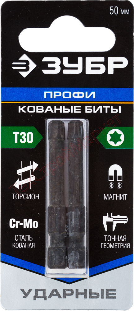 Биты ЗУБР "ПРОФИ" TORX, тип хвостовика E 1/4", T30, 50мм, 2шт, на карточке