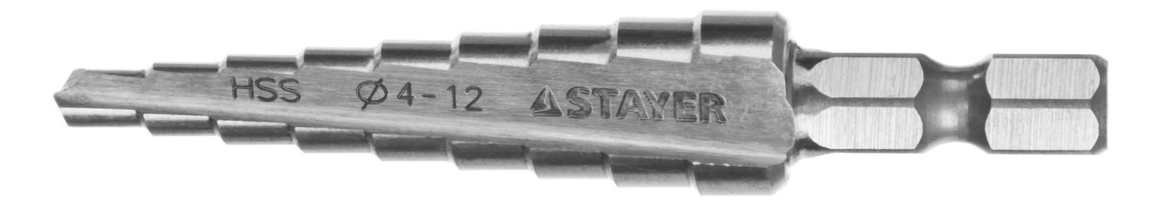 Сверло ступенчатое по сталям и цвет.мет., сталь HSS, d=4-12мм, 9ступ.d 4-12, L- 65 м STAYER "MASTER"