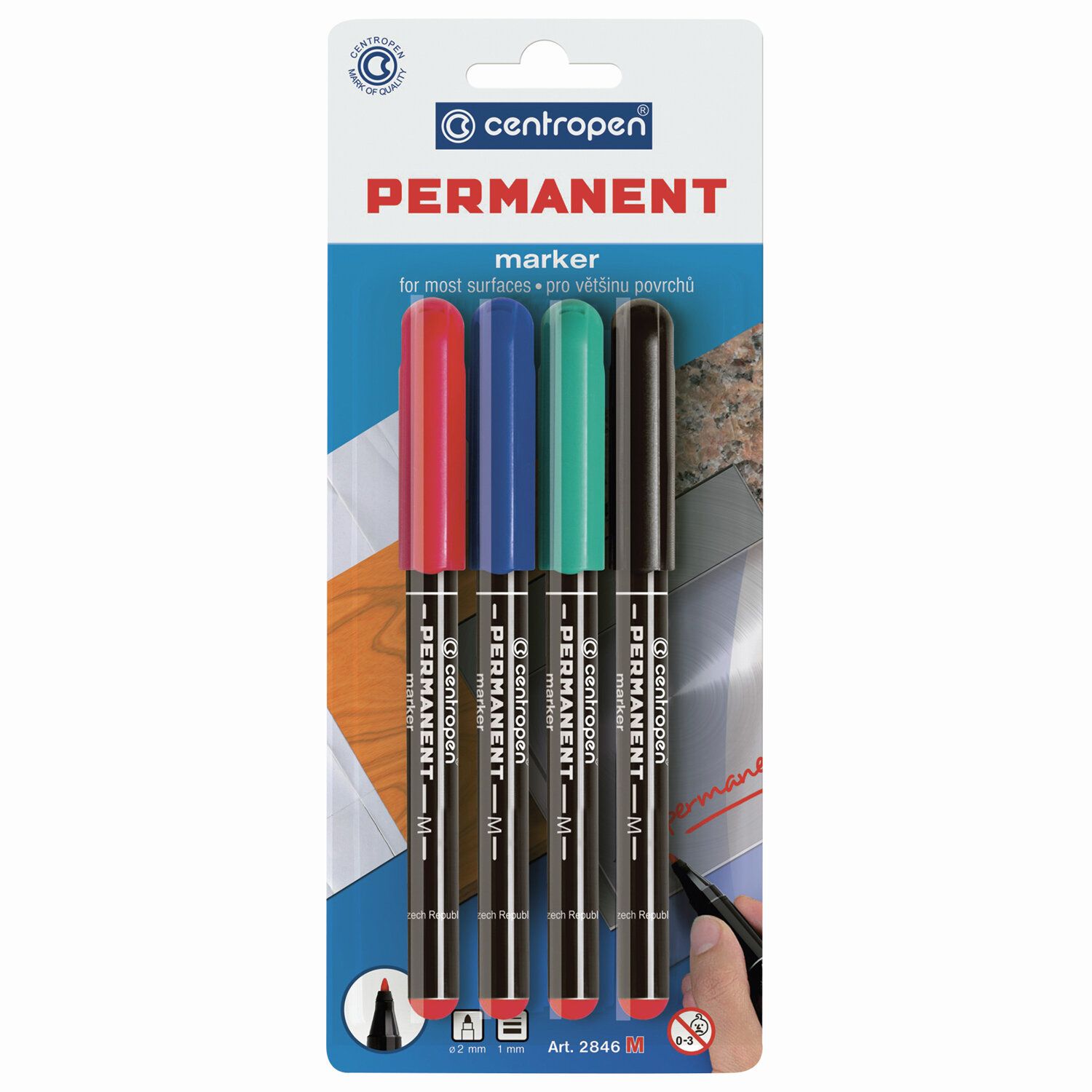 Маркеры перманентные CENTROPEN 2846, НАБОР 4 ЦВЕТА, тонкий наконечник, 1 мм, 2846/4, 6 2846 0404