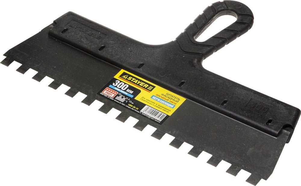 Шпатель нержавеющий зубчатый с пластмассовой ручкой, 300мм, зуб 10х10мм STAYER "PROFESSIONAL" 