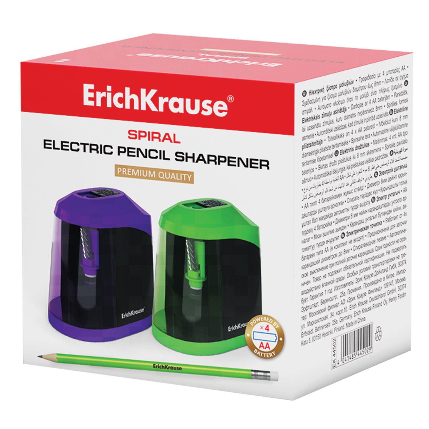 Точилка электрическая ERICH KRAUSE "Spiral", питание от 4 батареек АА, цвет корпуса ассорти, 44502