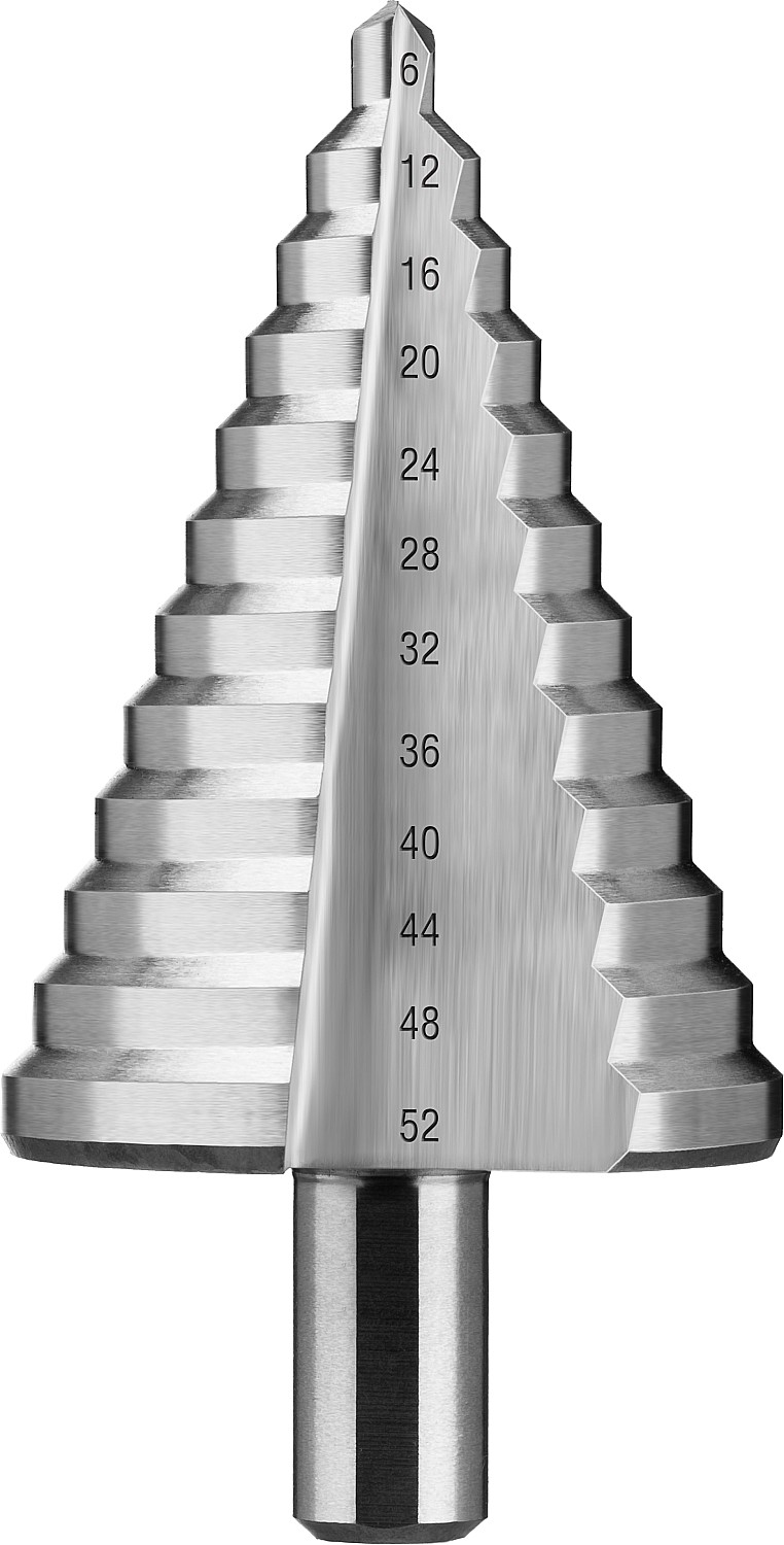 Сверло ЗУБР "ПРОФЕССИОНАЛ" ступенчатое по сталям и цвет. мет., ст. Р6М5, 6-52, 12 ступ., трехгран. хв., L- 100 мм, 13мм