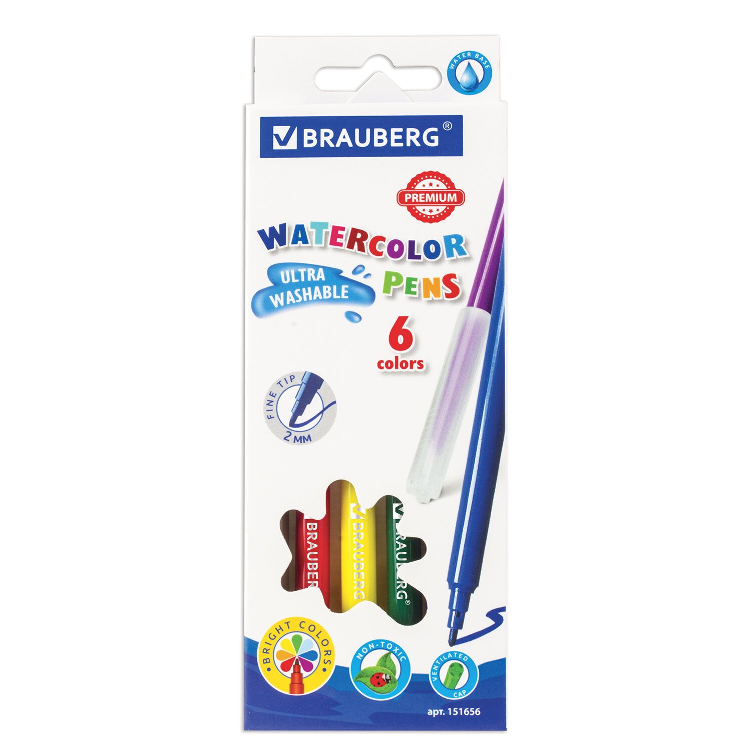 Фломастеры BRAUBERG "PREMIUM", 151656 6 цветов, УЛЬТРАСМЫВАЕМЫЕ, классические, вентилируемый колпачок, картонная коробка с европодвесом, 151656