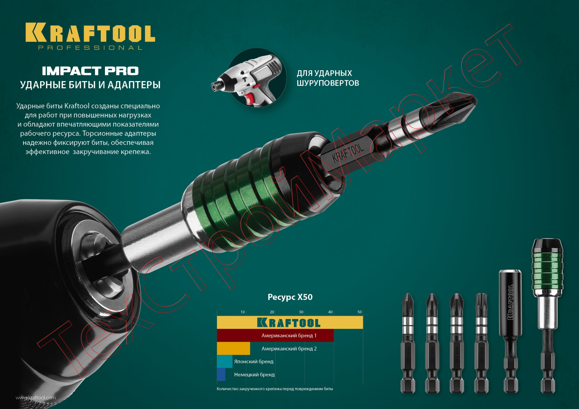 Биты KRAFTOOL Impact Pro, Philips, тип хвостовика E 1/4", PH2, 50мм, 2шт, на карточке