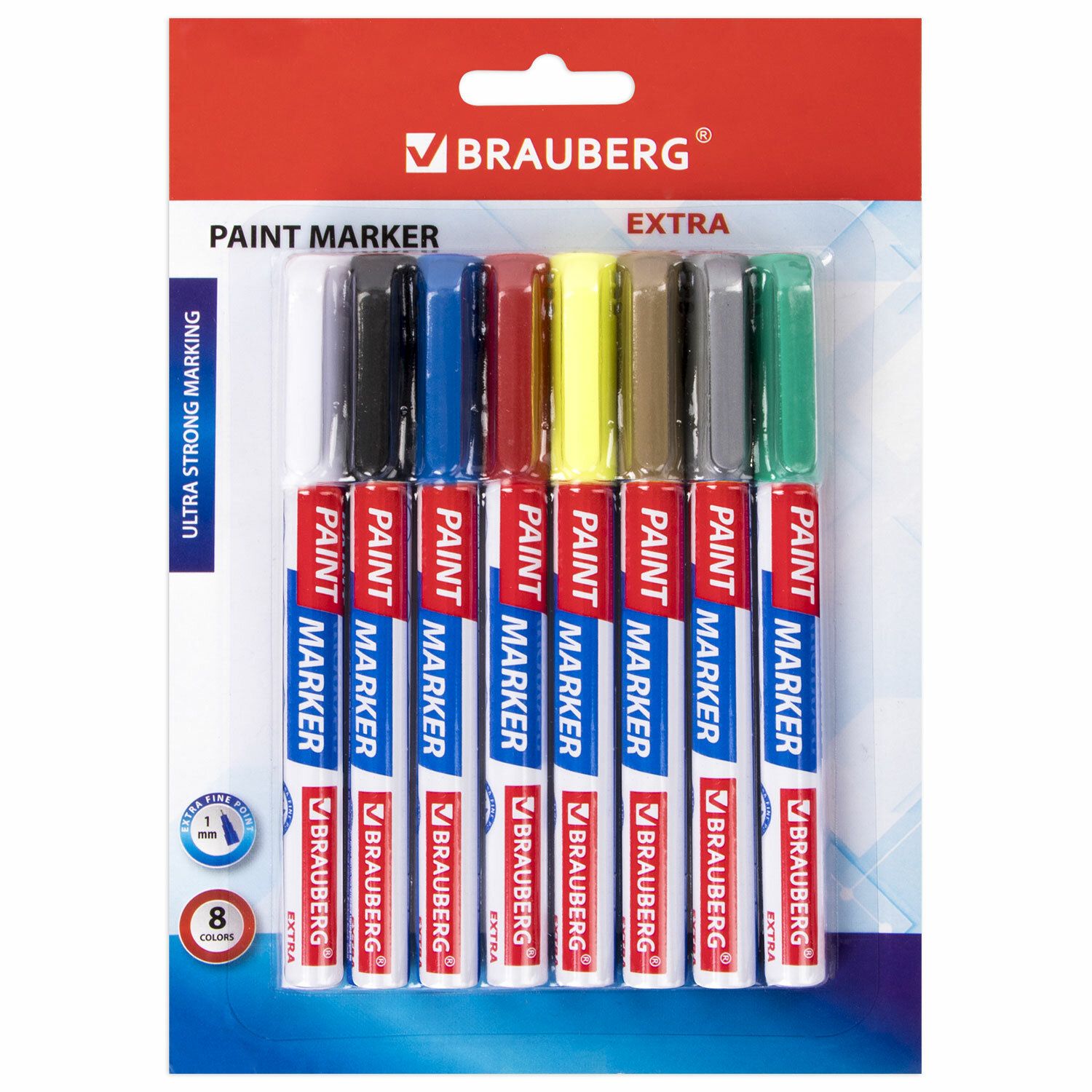 Маркер-краска лаковый EXTRA (paint marker) 1 мм, НАБОР 8 цветов, УЛУЧШЕННАЯ НИТРО-ОСНОВА, BRAUBERG, 151991