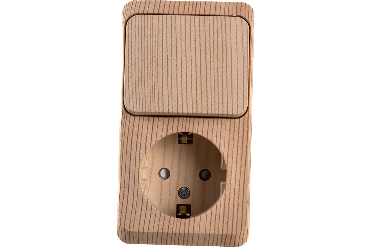 Розетка с заземляющими контактами со шторками + выключатель 1-клавишный открытая установка BPA16-201D Schneider Electric ЭТЮД Сосна Блок