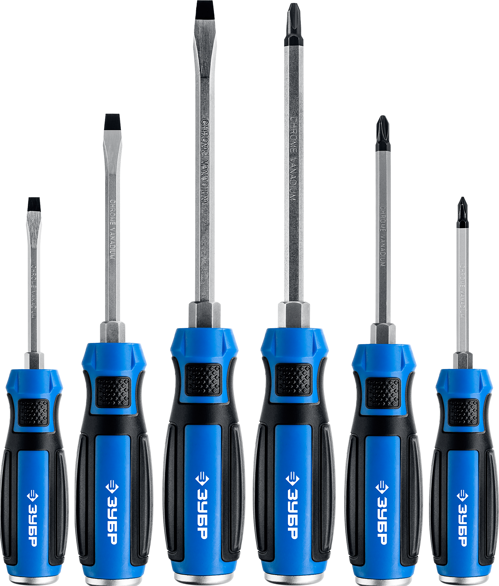 Набор: Отвертки ударные ЗУБР "ПРОФЕССИОНАЛ" "УДАРНИК", сквозной Cr-Mo стержень с усилит.под ключ, 2-хкомп.рук, магн.наконечник, в коробке, 6предм