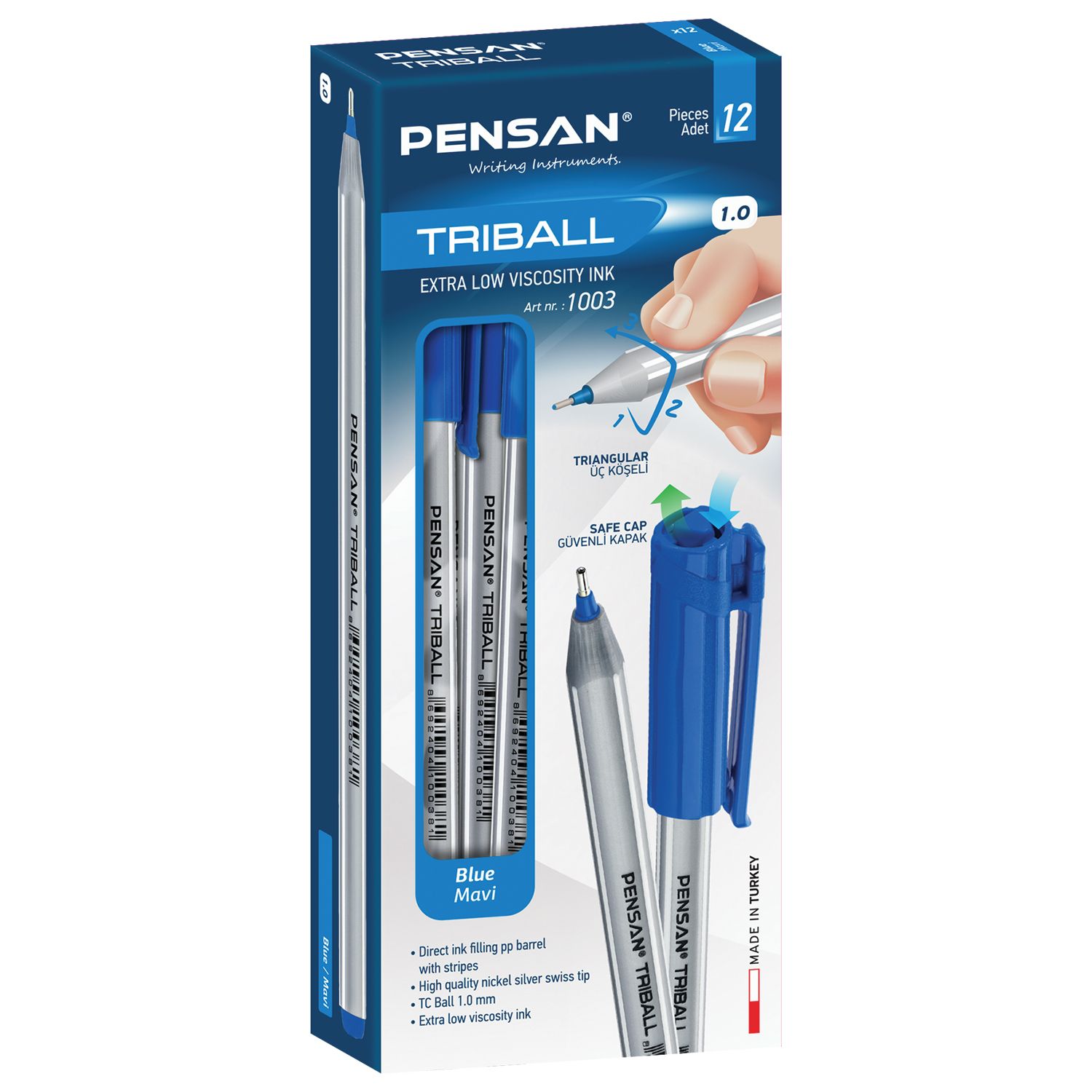 Ручка шариковая масляная PENSAN "Triball", СИНЯЯ, трехгранная, узел 1 мм, линия письма 0,5 мм, 1003, 1003/12