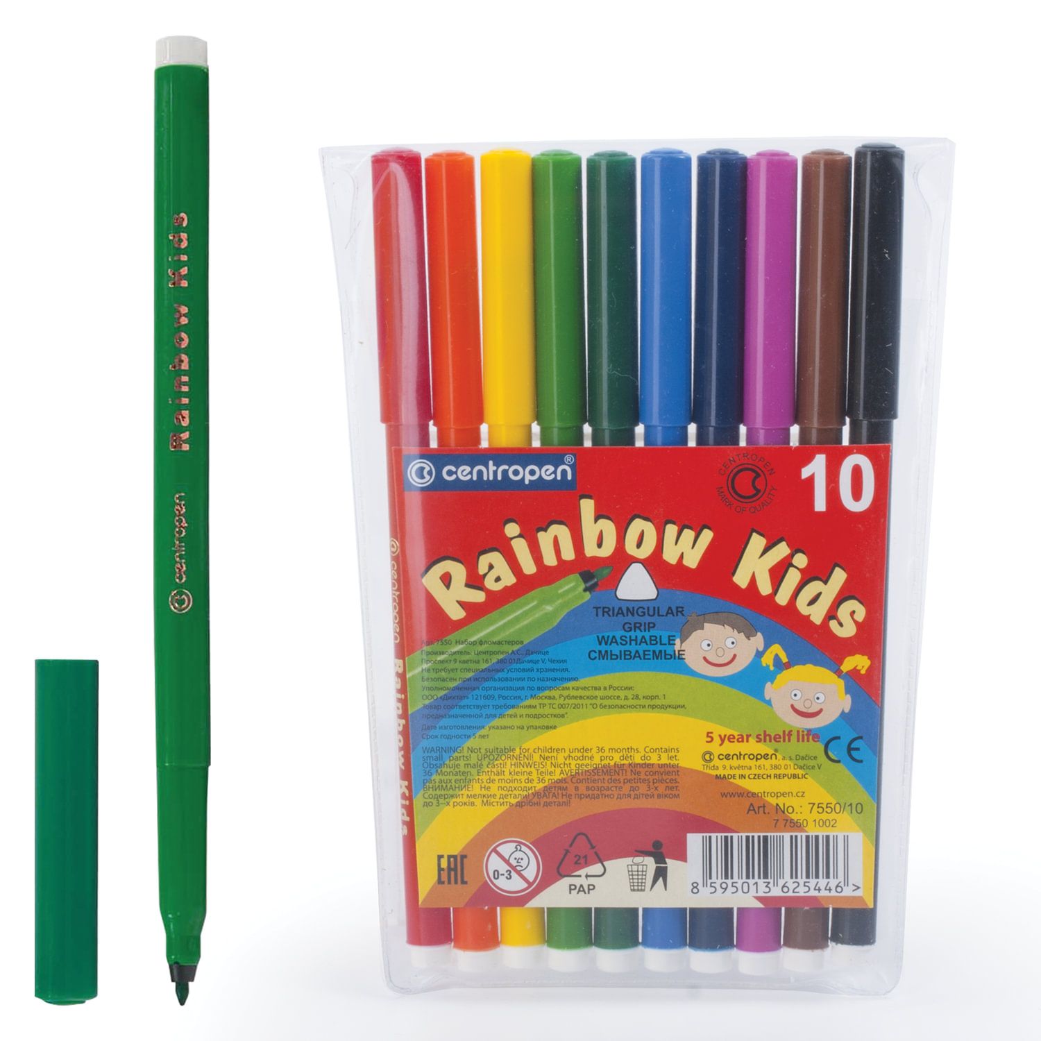 Фломастеры 10 ЦВЕТОВ CENTROPEN "Rainbow Kids", круглые, смываемые, вентилируемый колпачок, 7550/10ET, 7 7550 1002