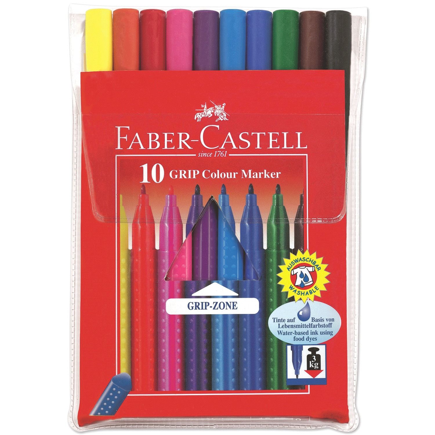 Фломастеры FABER-CASTELL "Grip", 10 цветов, трехгранные, смываемые, ПВХ упаковка, 155310