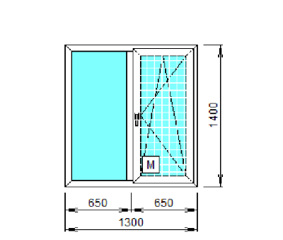 Окно ПВХ двухкамерное, двухстворчатое, одна створка поворотно откидная, с москитной сеткой.