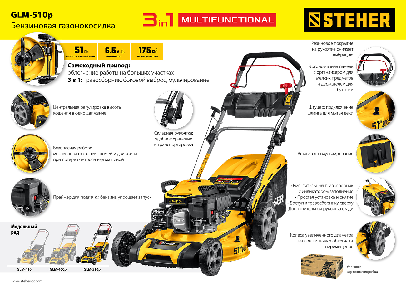 Газонокосилка бензиновая самоходная STEHER GLM-510p 