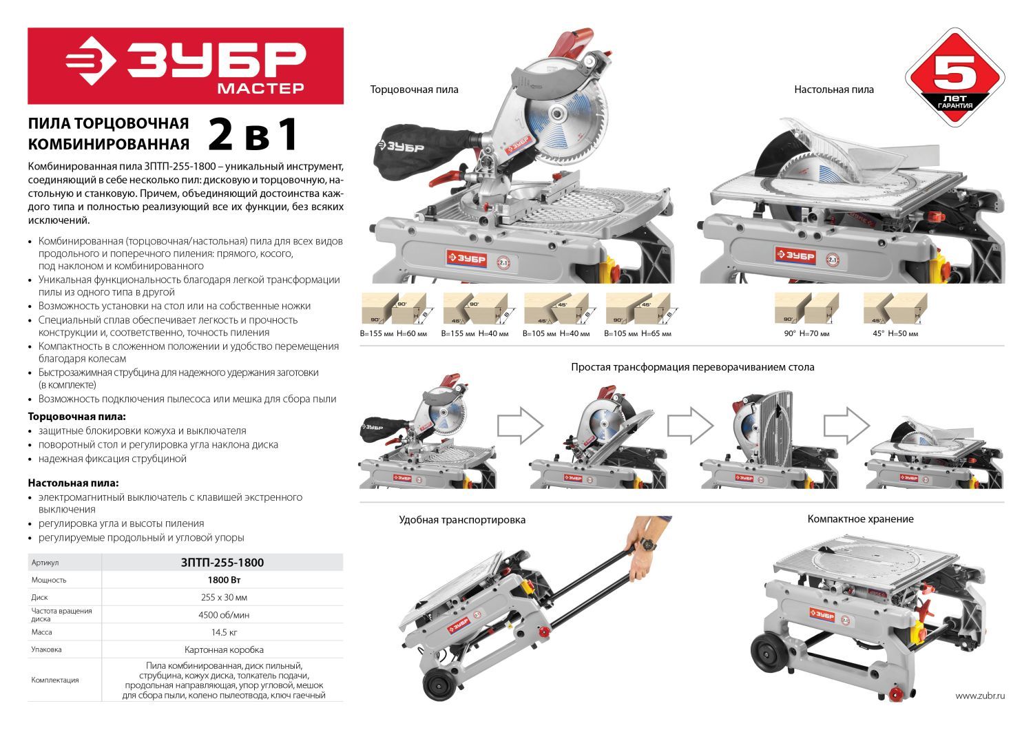 Пила торцовочная ЗУБР ЗПТП-255-1800