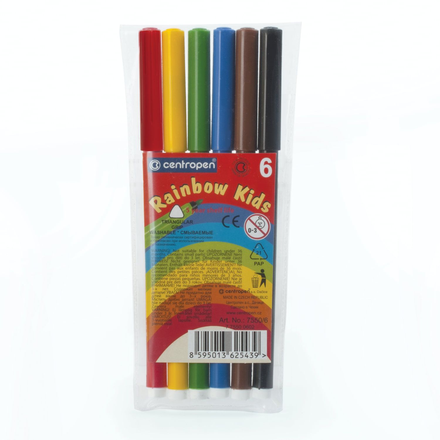 Фломастеры 6 ЦВЕТОВ CENTROPEN "Rainbow Kids", круглые, смываемые, вентилируемый колпачок, 7550/6ET, 7 7550 0602
