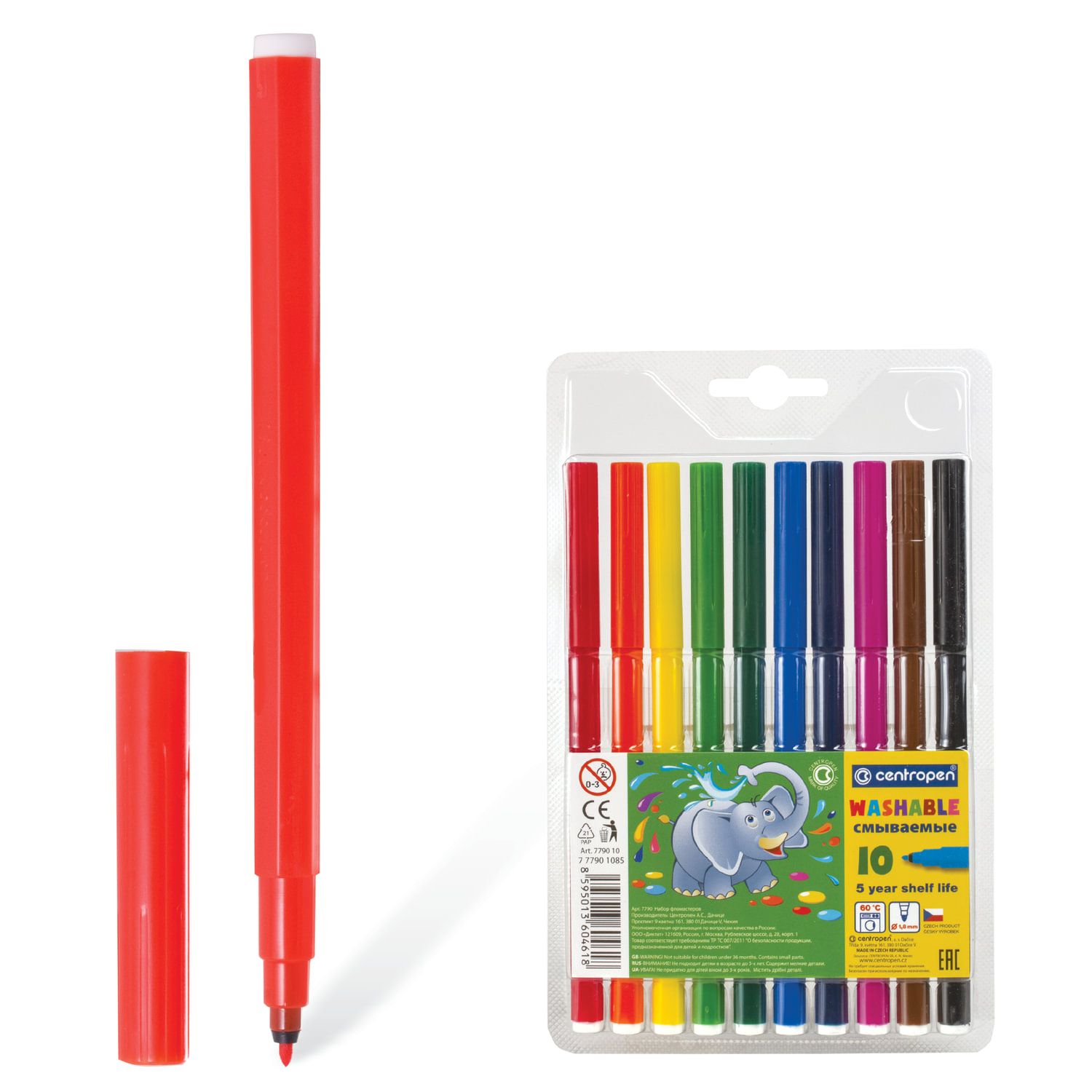 Фломастеры 10 ЦВЕТОВ CENTROPEN "Washable", смываемые, вентилируемый колпачок, 7790/10TP, 7 7790 1085