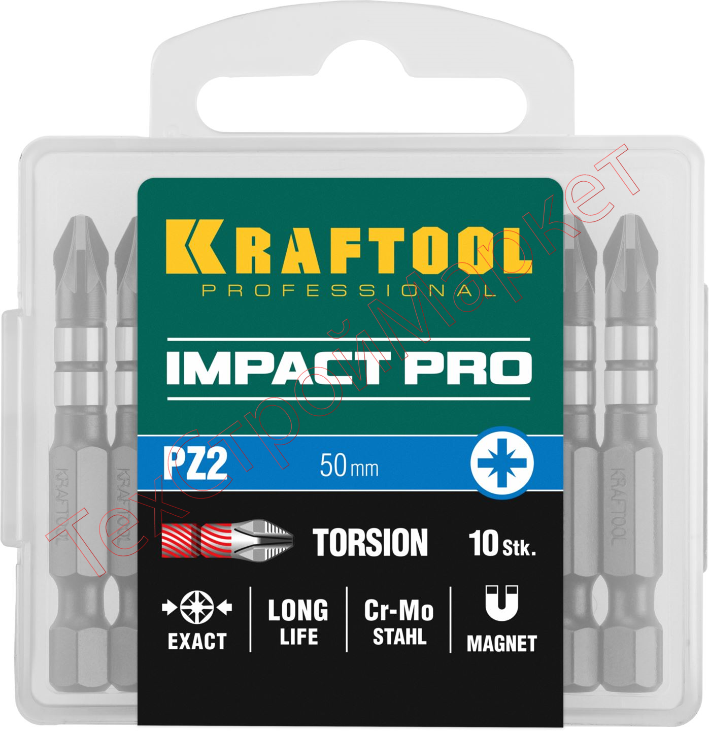 Биты KRAFTOOL Impact Pro, Pozidriv, тип хвостовика E 1/4", PZ2, 50мм, 10шт, в пластиковом боксе