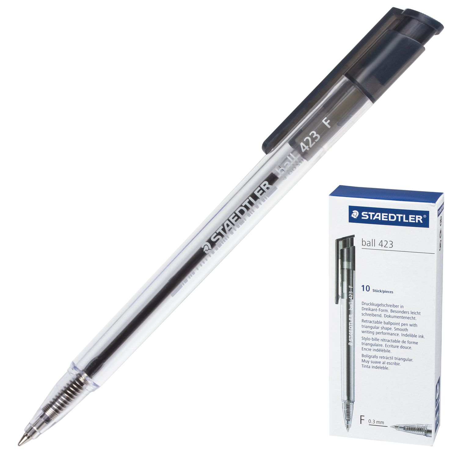 Ручка шариковая автоматическая STAEDTLER, ЧЕРНАЯ, корпус прозрачный, узел 0,7 мм, линия письма 0,45 мм, 423 F-9