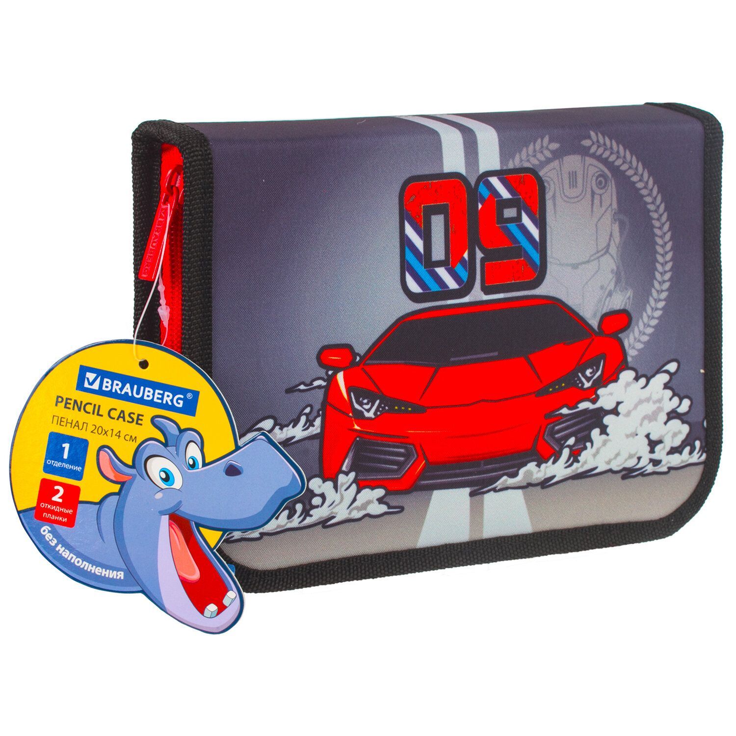 Пенал BRAUBERG, 1 отделение, 2 откидные планки, ткань, 20х14 см, "Streetracing", 229284