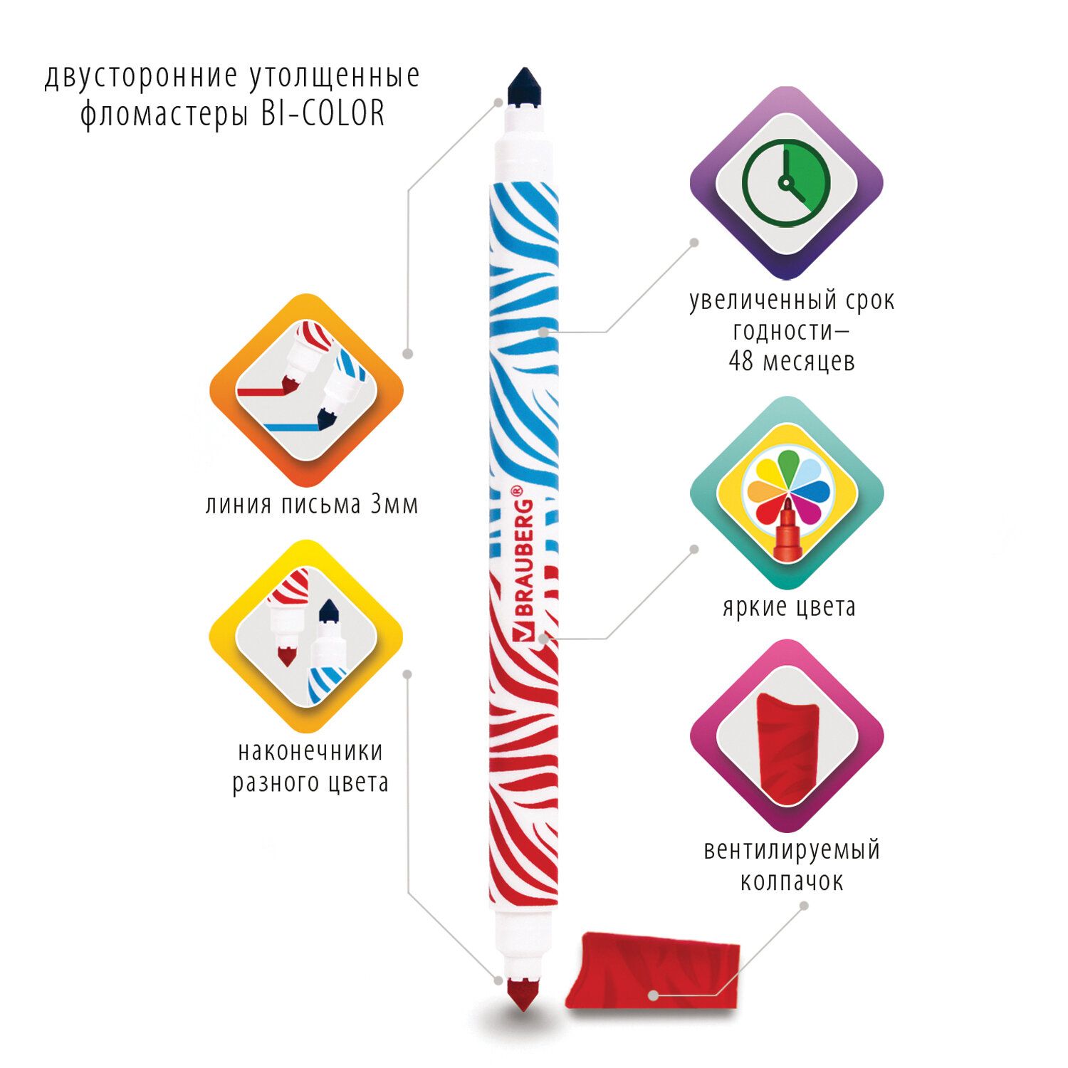 Фломастеры двусторонние утолщенные BRAUBERG "PREMIUM" "BI-COLOR", 10 шт., 20 цветов, двухцветные, вентилируемый колпачок, 151945