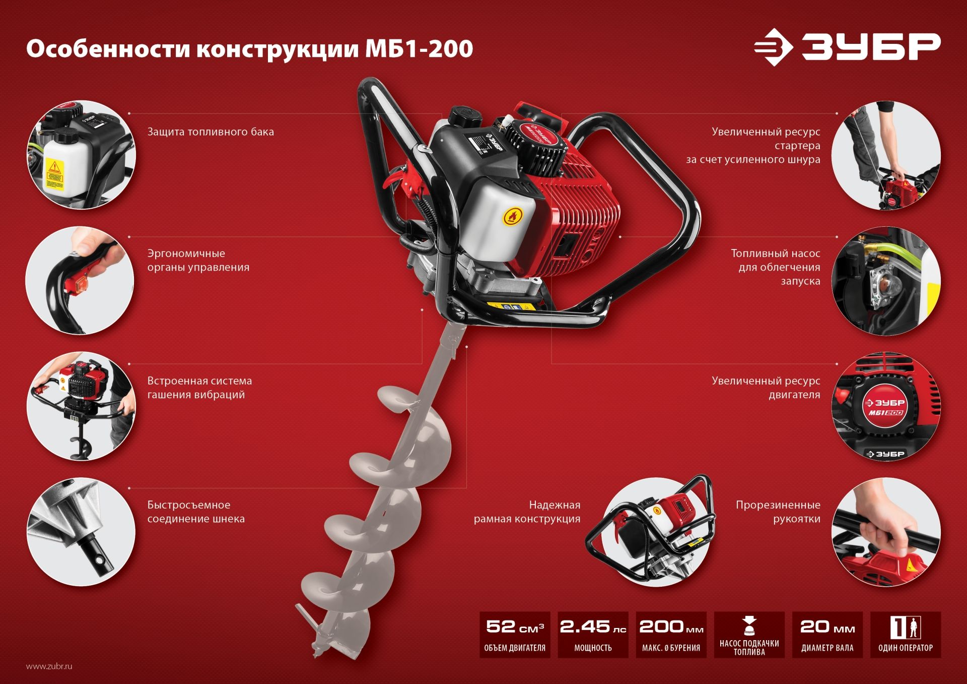 Мотобур бензиновый ЗУБР МБ1-200