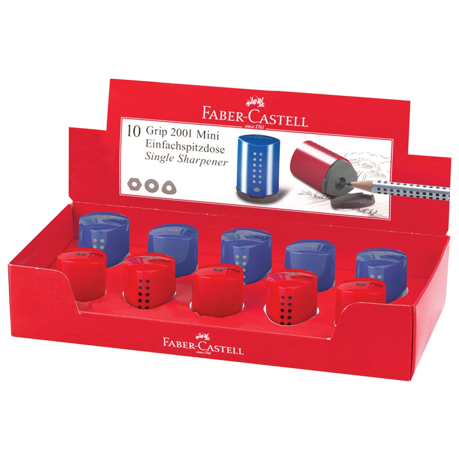 Точилка FABER-CASTELL "Grip 2001 Mini", с контейнером, пластиковая, красная/синяя, 183710