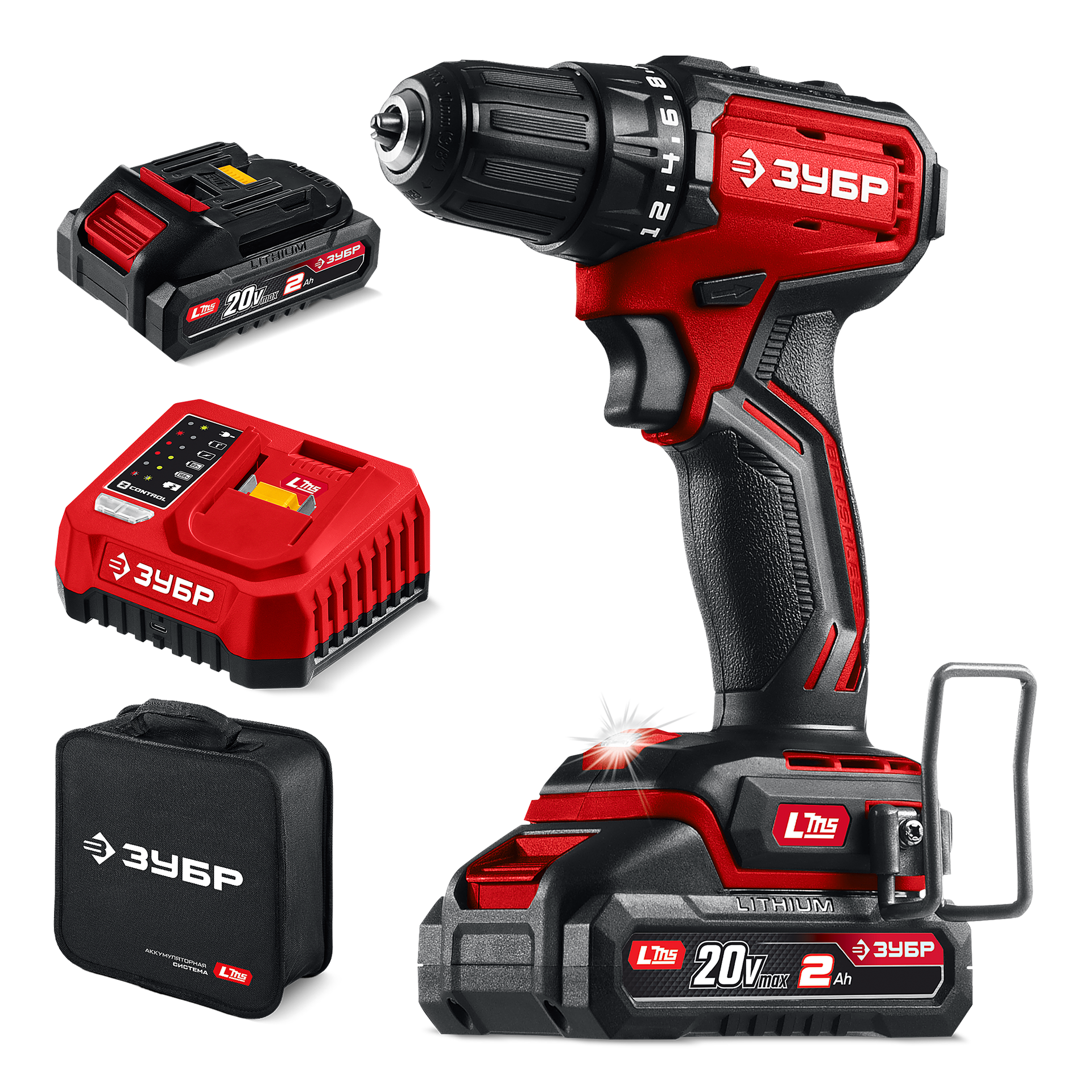 Дрель-шуруповерт бесщеточная, 20 В, 45 Н·м, 2 АКБ LMS (2 А·ч), сумка ЗУБР 