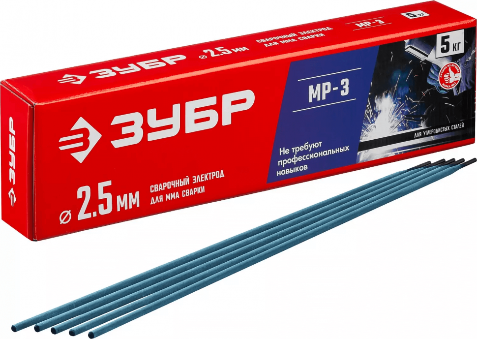 Электрод сварочный с рутиловым покрытием, для ММА сварки, d 2.5 х 350 мм, 5 кг в коробке. ЗУБР МР-3