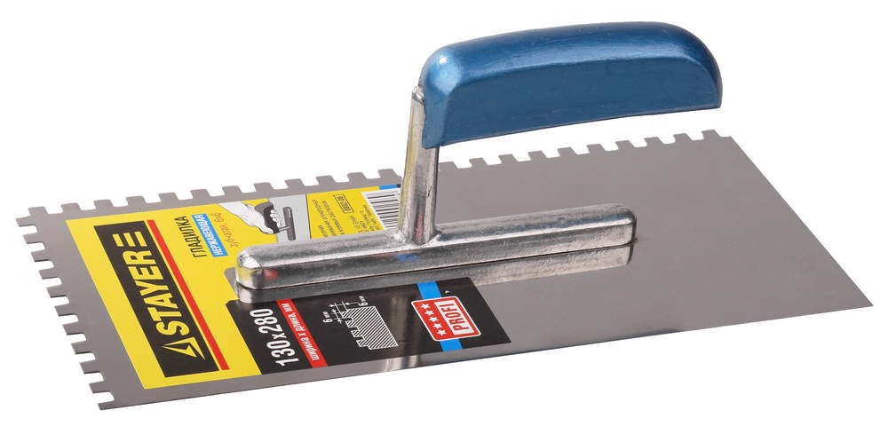 Гладилка STAYER "PROFI" 280*130 мм нержавеющая с деревянной ручкой, зубчатая, 8х8мм