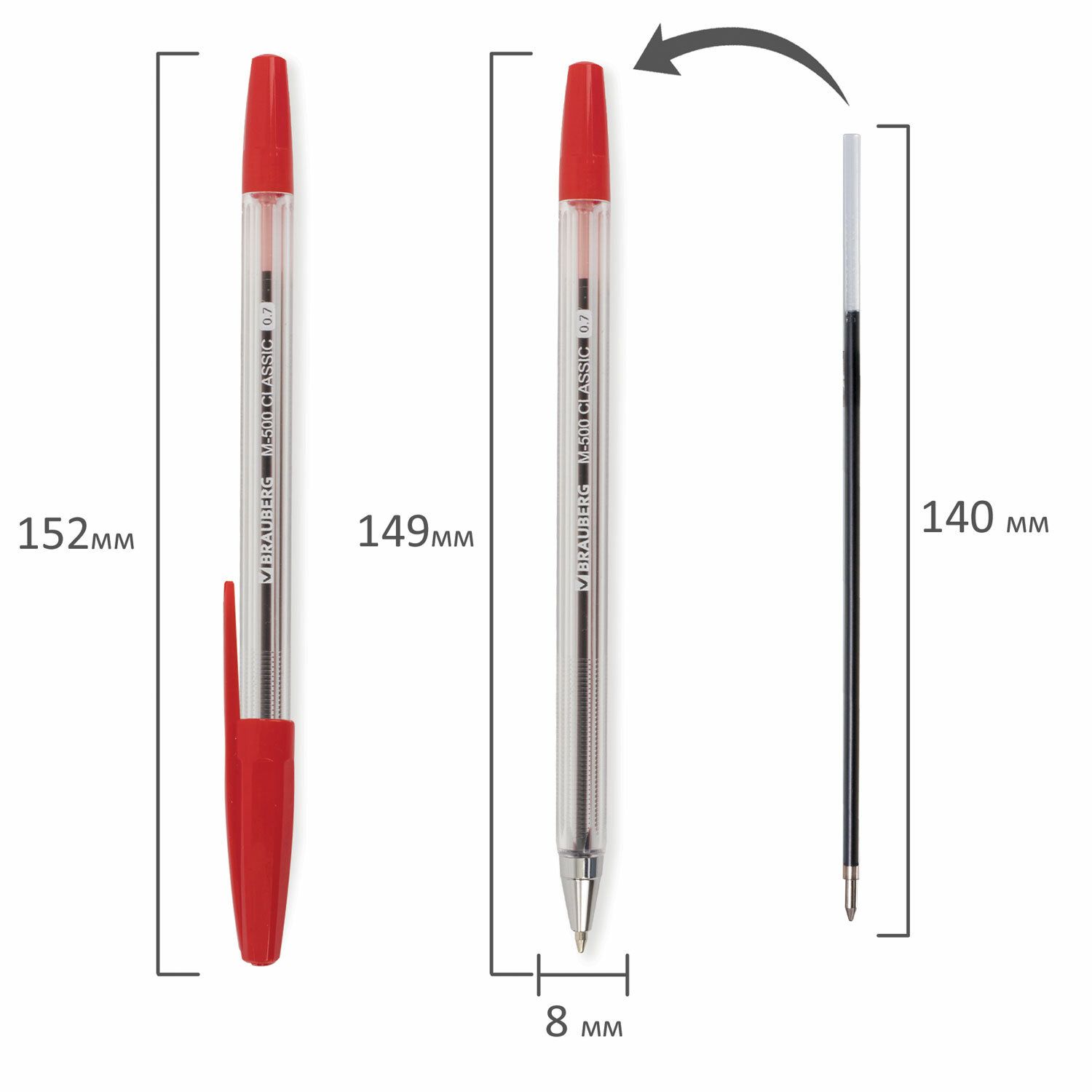Ручка шариковая BRAUBERG "M-500 CLASSIC", КРАСНАЯ, корпус прозрачный, узел 0,7 мм, линия письма 0,35 мм, 143446