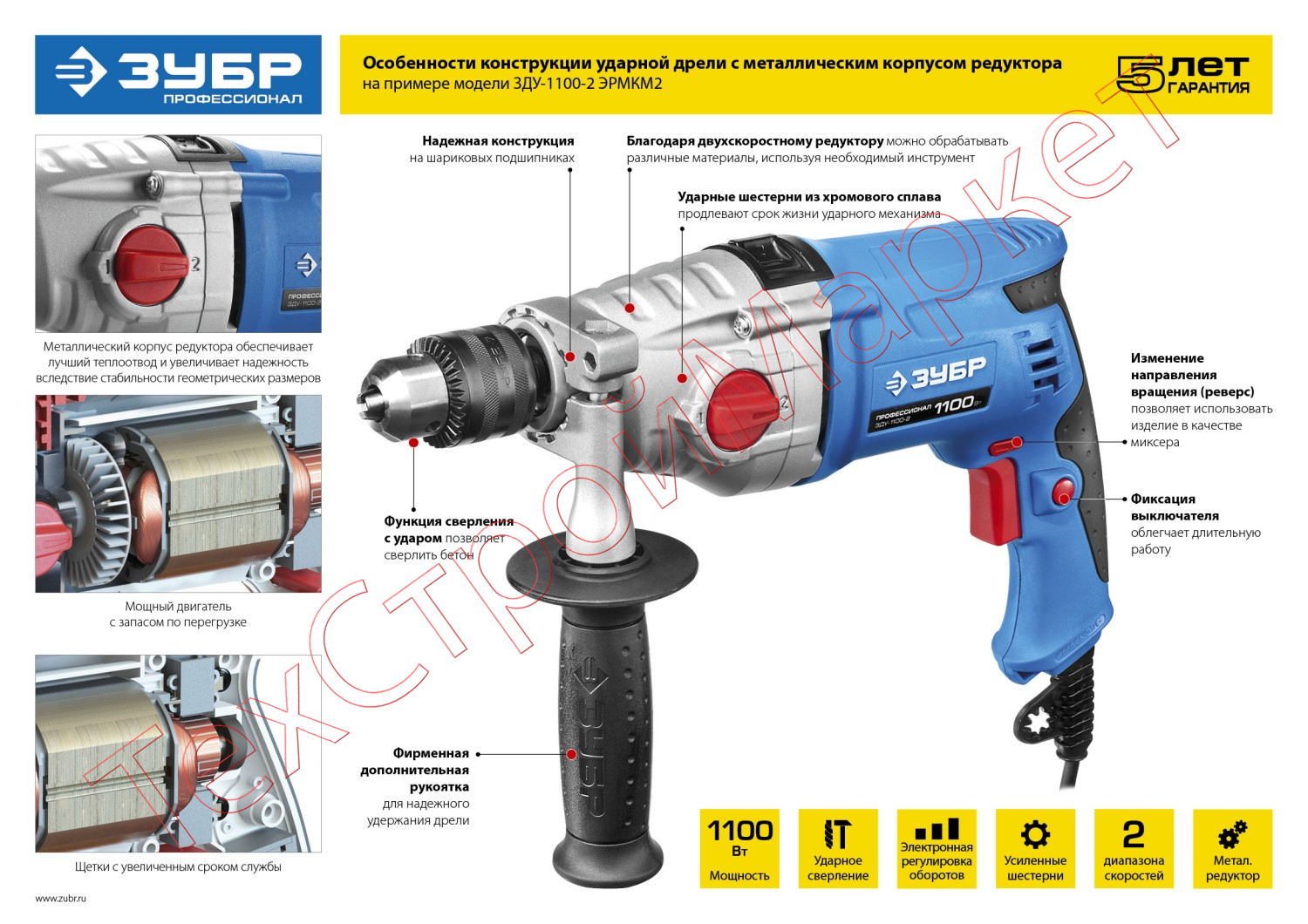 Дрель электрическая ударная ЗУБР Профессионал ЗДУ-1100-2 ЭРМКМ2