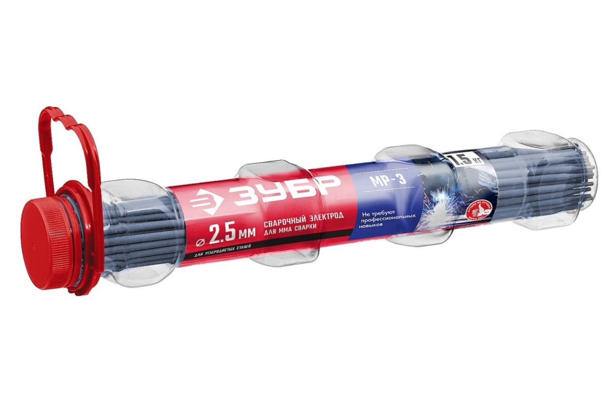 Электрод сварочный с рутиловым покрытием, для ММА сварки, d 2,5 х 350 мм, 1,5 кг в ПВХ тубе. ЗУБР МР-3 