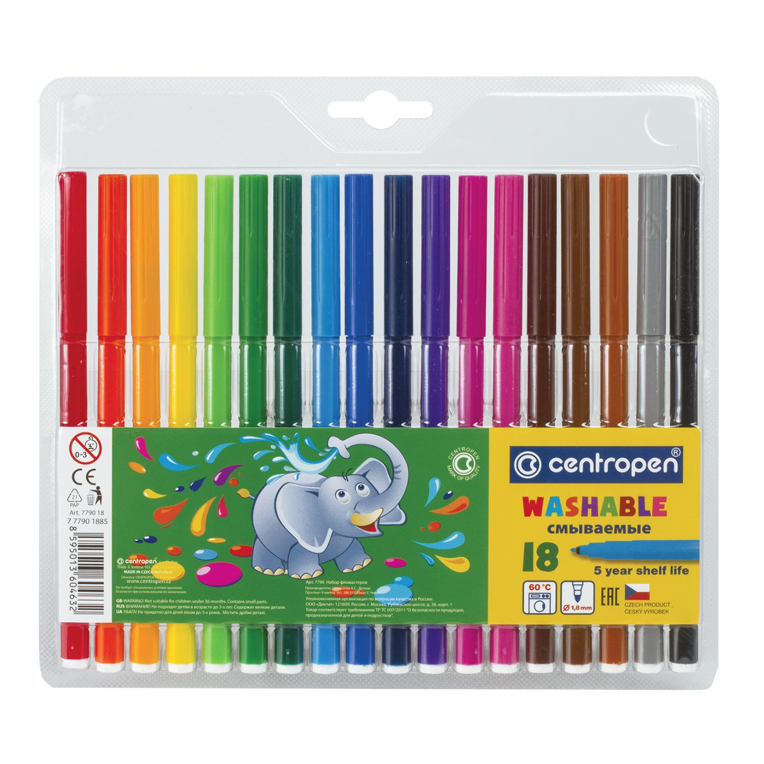 Фломастеры 18 ЦВЕТОВ CENTROPEN "Washable", смываемые, вентилируемый колпачок, 7790/18TP, 7 7790 1885
