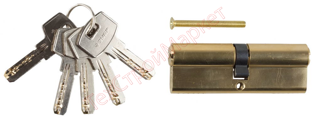 Механизм цилиндровый ЗУБР "ЭКСПЕРТ", повышенной защищенности, тип "ключ-ключ", цвет латунь, 6-PIN, 90мм